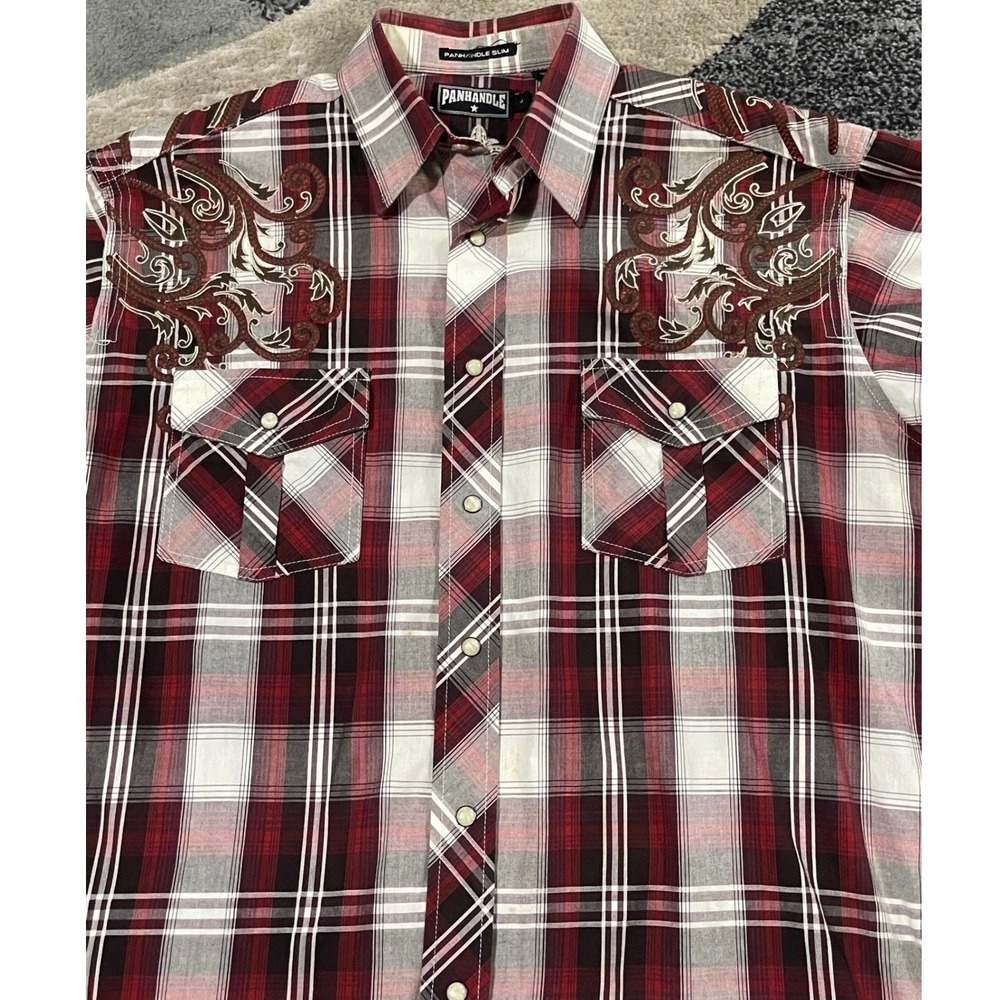 Panhandle Slim Pearl Snap Western Shirt Men Medium Red Plaid Embroidered Cowboy